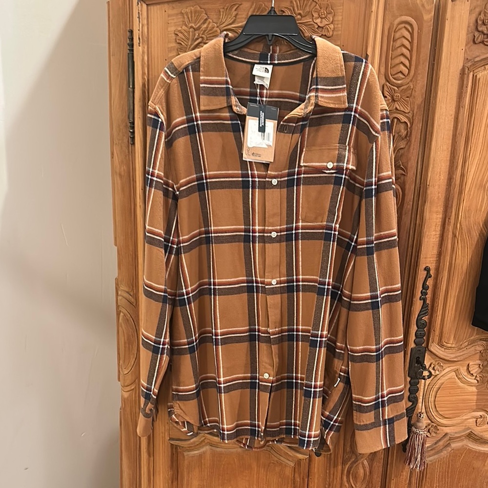 The North Face Tan and Navy Plaid Shirt